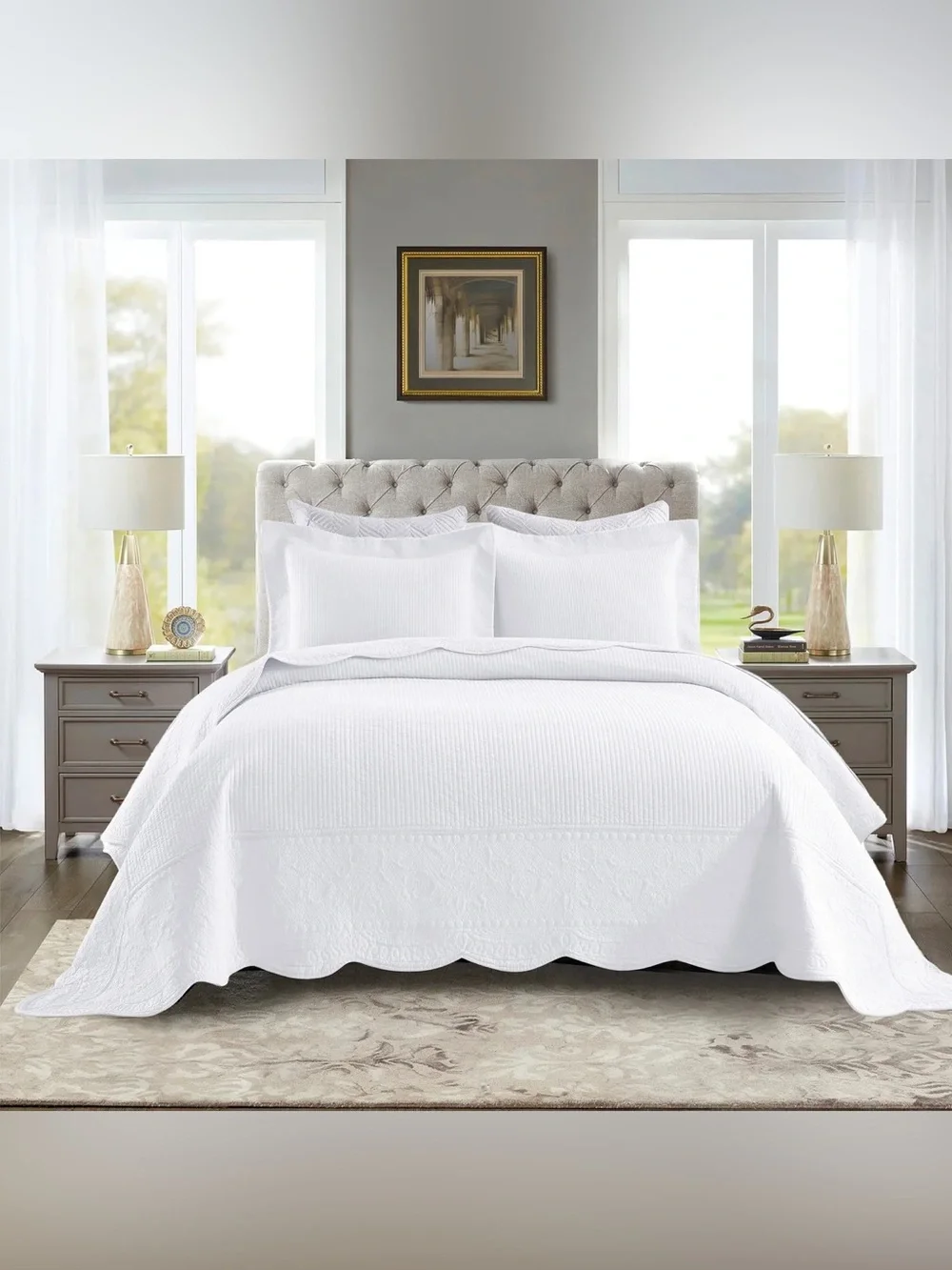 Classic White 3 piece Quilted Bedspread Set 100% cotton
